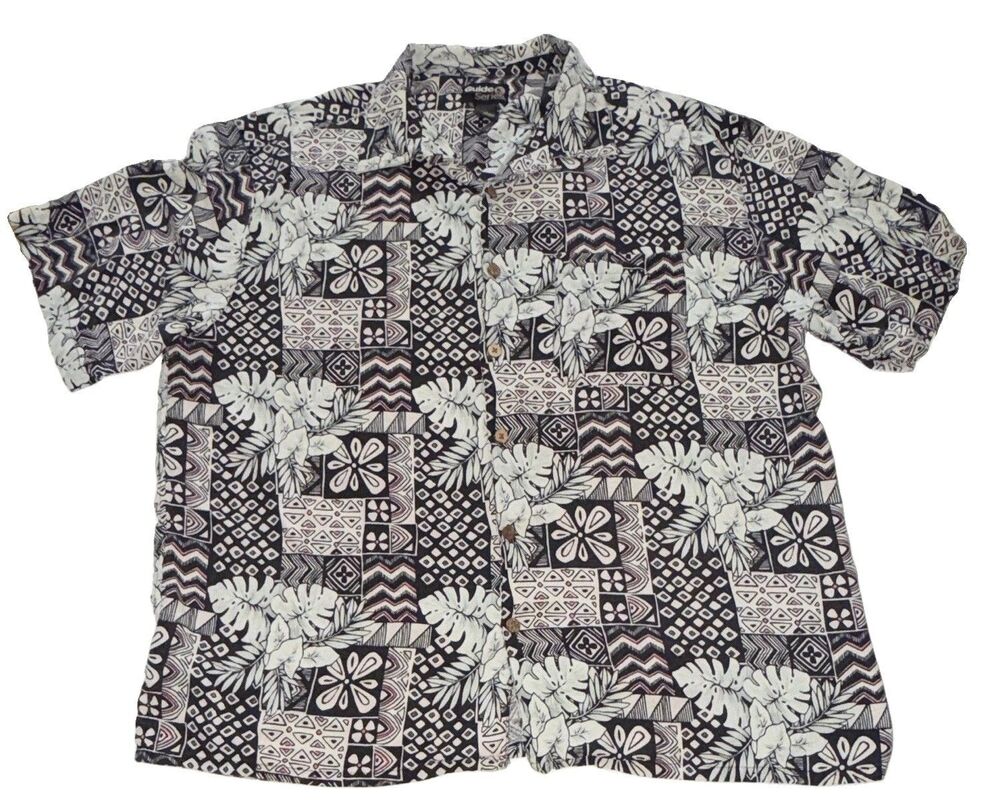 Guide Series Men’s 2XL Silk Hawaiian Geometric Black White Pink Button-Up Shirt